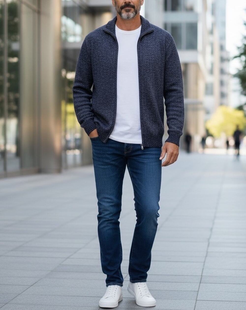 MNG Mango Man Full Zip Chunky-knit Heather Navy Preppy Cardigan Sweater Sz M